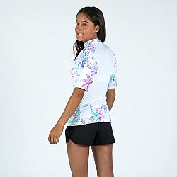 OLAIAN Dievčenské tričko 500 Palm proti UV žiareniu s krátkym rukávom na surf biele viacfarebná 12-13 r (149-159 cm)