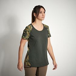 SOLOGNAC Dámske poľovnícke bavlnené tričko 300 s krátkym rukávom zelené maskovanie khaki S