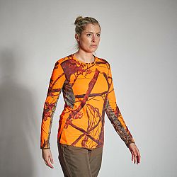 SOLOGNAC Dámske poľovnícke tričko 500 s dlhým rukávom nehlučné priedušné maskovacie fluo oranžová M
