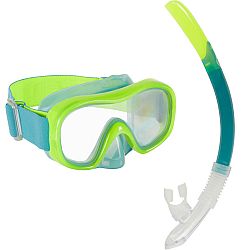 SUBEA Detská súprava na šnorchlovanie 100 maska a šnorchel s ventilom fluorescenčná zelená modrá S